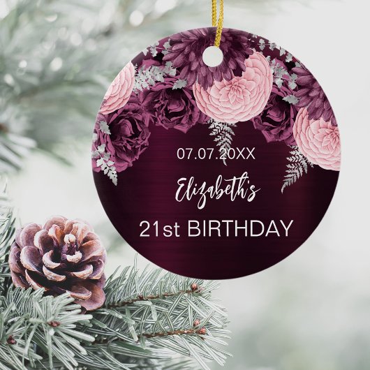 Verjaardag bordeaux roze bloemen naam keramisch ornament