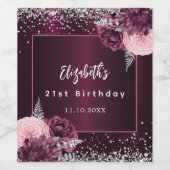 Verjaardag bordeaux roze zilveren bloemen wijn etiket (Enkel label)