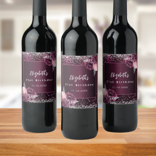 Verjaardag bordeaux roze zilveren bloemen wijn etiket