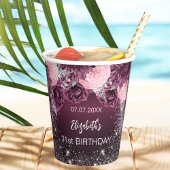 Verjaardag bordeaux zilveren bloemen roze glinster papieren bekers