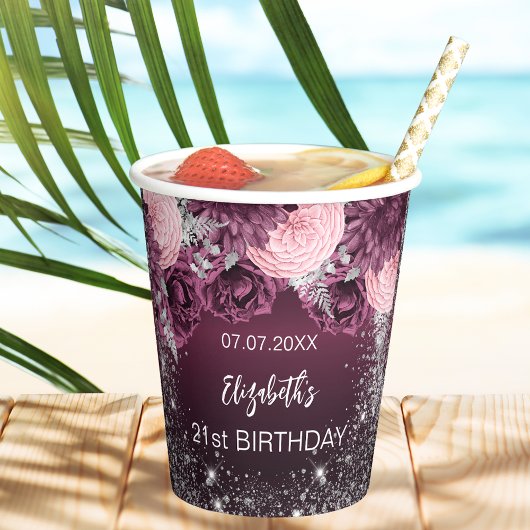 Verjaardag bordeaux zilveren bloemen roze glinster papieren bekers