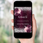 Verjaardag bordeaux zilveren bloemen welkom poster