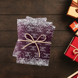 Verjaardag bordeaux zilveren naam elegant inpakpapier vel