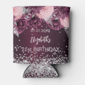 Verjaardag bordeaux zilveren roze bloemen blikjeskoeler (Voorkant)