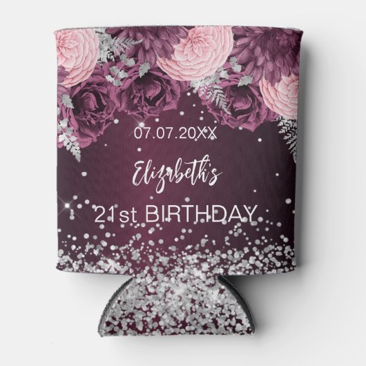 Verjaardag bordeaux zilveren roze bloemen blikjeskoeler (Voorkant)