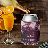 Verjaardag bordeaux zilveren roze bloemen blikjeskoeler