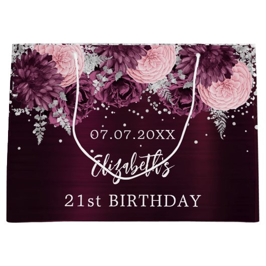 Verjaardag bordeaux zilveren roze bloemen groot cadeauzakje (Voorkant)