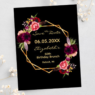 Verjaardag bordeauxrood bloemmotief zwart Save the Briefkaart