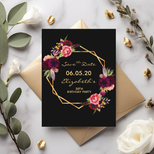 Verjaardag bordeauxrood zwart Save the Date kaart