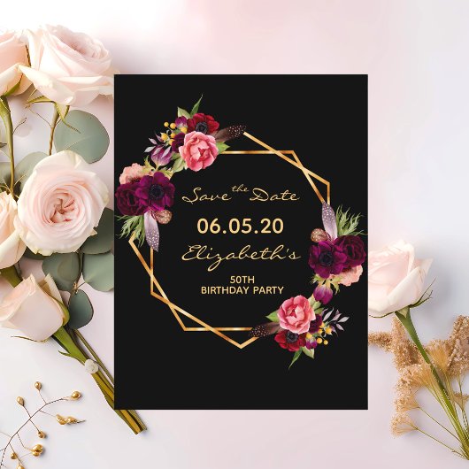 Verjaardag bordeauxrood zwart Save the Date kaart