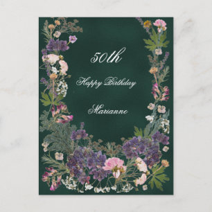 Verjaardag Botanische Bloemen op Donkere Bosgroene Briefkaart