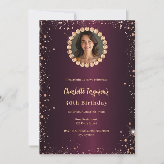 Verjaardag Bourgondische diamanten glitter foto Kaart (Voorkant)