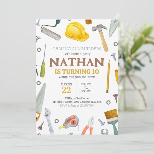 Verjaardag bouwgereedschap kaart (Staand voorkant)