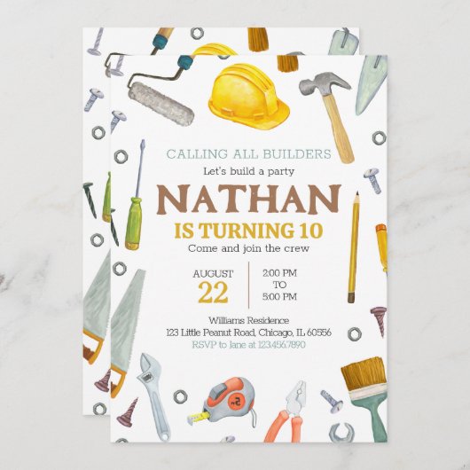 Verjaardag bouwgereedschap kaart (Voorkant / Achterkant)