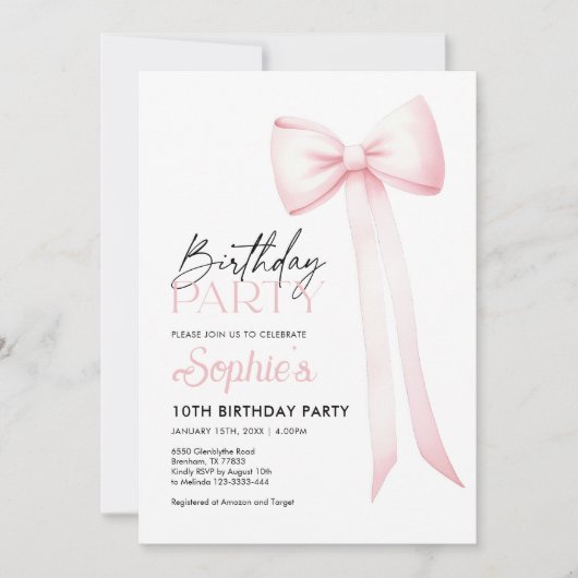 Verjaardag Bow Uitnodiging, Roze Coquette Bow Kaart (Voorkant)