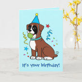 Verjaardag Boxer Puppy met Tennisbal Kaart (Gele Bloem)