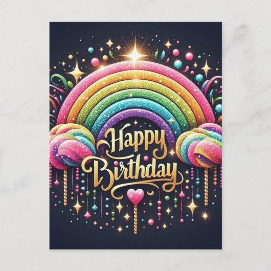 Verjaardag briefkaart - glitter regenboog (Voorkant)