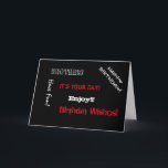 Verjaardag, broeder, woorden in wit en rood. kaart<br><div class="desc">Leuke gezegden voor een broertje op een zwarte achtergrond.</div>