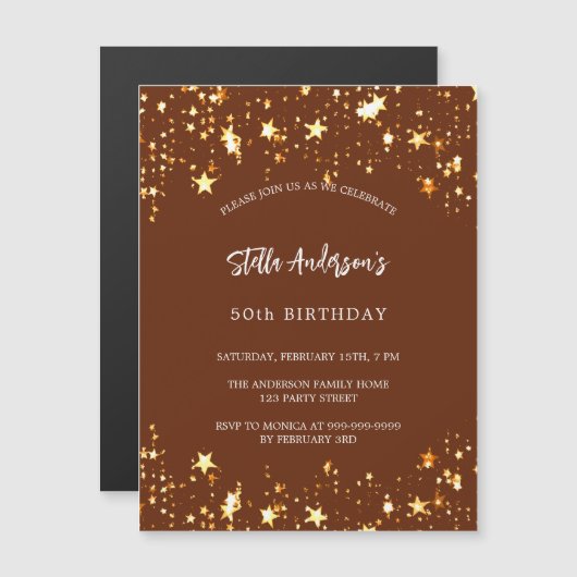 Verjaardag bruin goud sterren luxe magnetische uitnodiging (Voorkant / Achterkant)