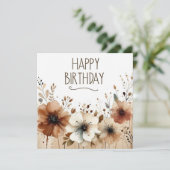 verjaardag bruine bloemen kaart (Staand voorkant)