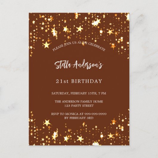 Verjaardag bruine gouden sterren uitnodiging briefkaart (Voorkant)