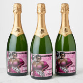 Verjaardag Bubble Etnische Vrouw Roze/Luipaard Pri Sparkling Wijnetiket (Flessen)
