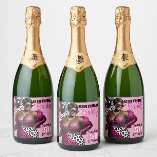 Verjaardag Bubble Etnische Vrouw Roze/Luipaard Pri Sparkling Wijnetiket (Flessen)
