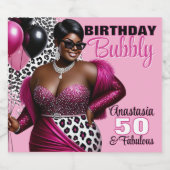 Verjaardag Bubble Etnische Vrouw Roze/Luipaard Pri Sparkling Wijnetiket (Enkel label)