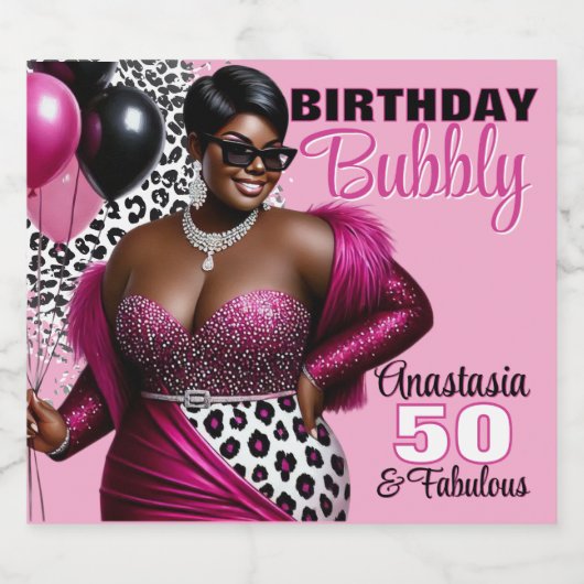 Verjaardag Bubble Etnische Vrouw Roze/Luipaard Pri Sparkling Wijnetiket (Enkel label)