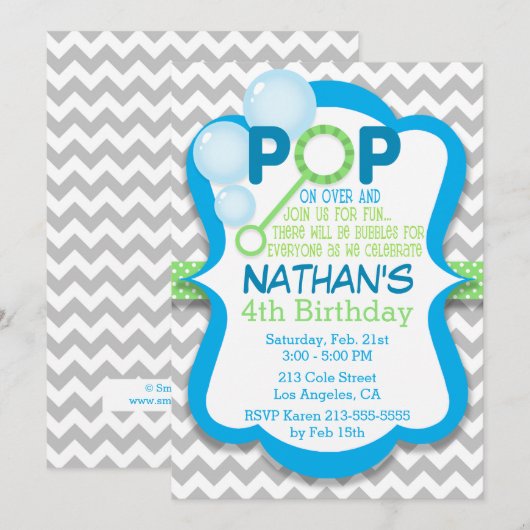 Verjaardag Bubble Pop Blue & Green Party Invitatio Kaart (Voorkant / Achterkant)