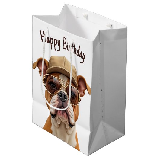 Verjaardag Bulldog met een Pet Medium Cadeauzakje (Voorkant Gekanteld)