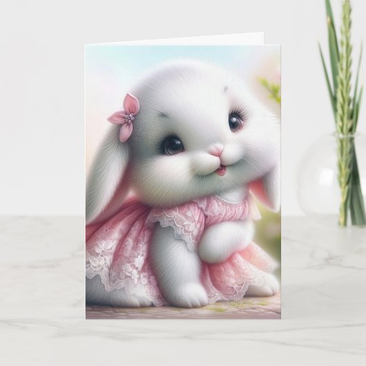 Verjaardag Bunny Dragen Roze Kant Jurk Kaart (Voorkant)