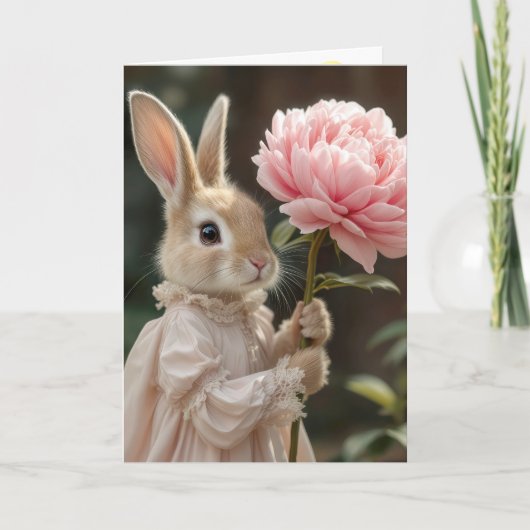 Verjaardag Bunny met een roze pioen Kaart (Voorkant)