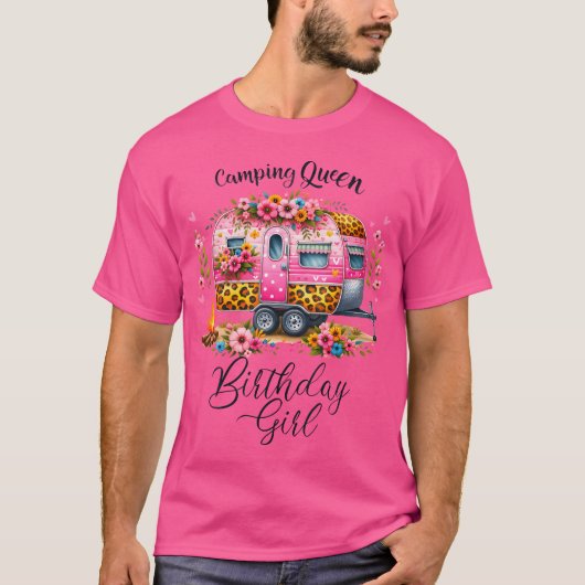 Verjaardag Camping Queen Camp Pink Floral Van Birt T-shirt (Voorkant)