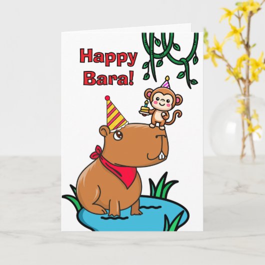 Verjaardag Capybara en aap Kaart (Gele Bloem)