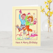 Verjaardag Cartoon Karikatuur van een Paar Feesten Kaart (Gele Bloem)