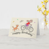 Verjaardag Cartoon Karikatuur van Vrouw Riding Bik Kaart (Gele Bloem)