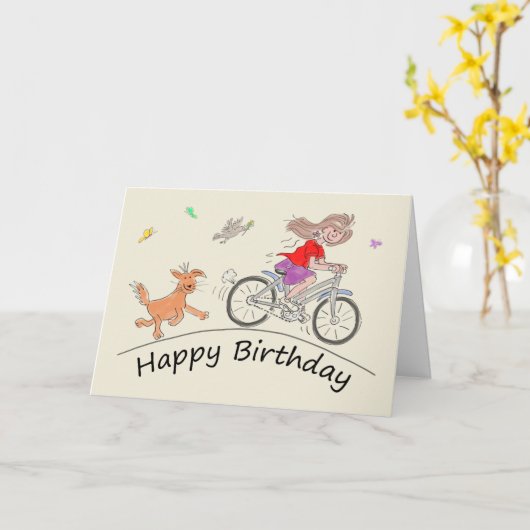 Verjaardag Cartoon Karikatuur van Vrouw Riding Bik Kaart (Gele Bloem)