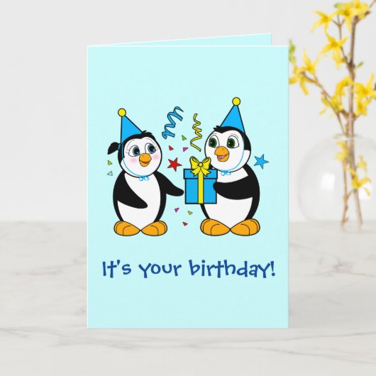 Verjaardag Cartoon pinguïns met cadeau Kaart (Gele Bloem)