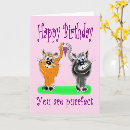 Verjaardag Cartoon Style Fluffy Cat Paar Kaart (Gele Bloem)