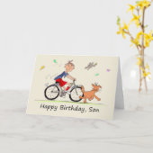 Verjaardag Cartoon van een Boy Riding Bike Kaart (Gele Bloem)