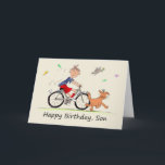 Verjaardag Cartoon van een Boy Riding Bike Kaart<br><div class="desc">Dit is een leuke kaart voor iemand om hun zoon op hun verjaardag te geven. Het is een cartoon karikatuur van een jongetje op zijn fiets die achter een glimlachende bruine hond aanloopt, omringd door vlinders en een vogeltje. Het jongetje draagt rode korte broeken en sokken, een blauw t-shirt en...</div>