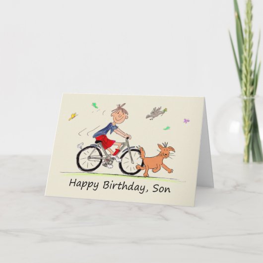 Verjaardag Cartoon van een Boy Riding Bike Kaart (Voorkant)