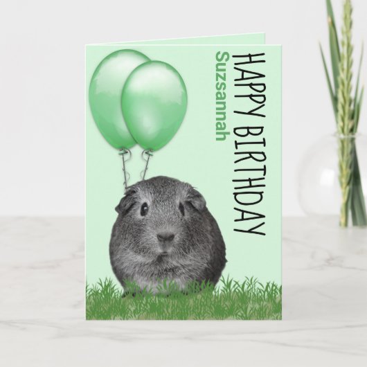 Verjaardag Cavia Groene Ballonnen Aangepaste Naam Kaart (Voorkant)