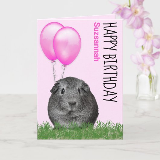 Verjaardag Cavia Roze Ballonnen Aangepaste Naam Kaart (Orchidee)