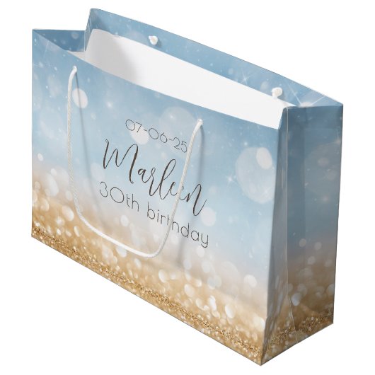 Verjaardag champagne sky blauw sprankelend goud sh groot cadeauzakje (Voorkant Gekanteld)