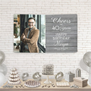 Verjaardag Cheers Elegant Grijs Hout Eén Foto Spandoek