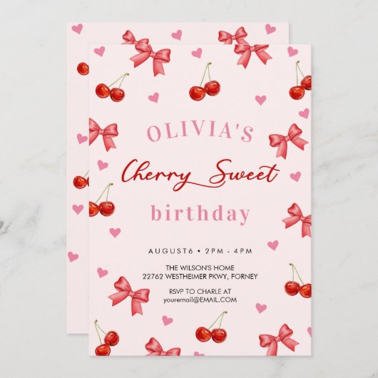 Verjaardag Cherry Bow Kaart (Voorkant / Achterkant)