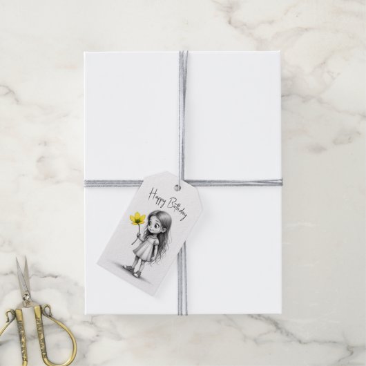 Verjaardag Chibi meisje met gele bloem Cadeaulabel (Met Touw)