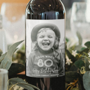 Verjaardag Chic Wit Typografie Foto Feest Wijn Etiket